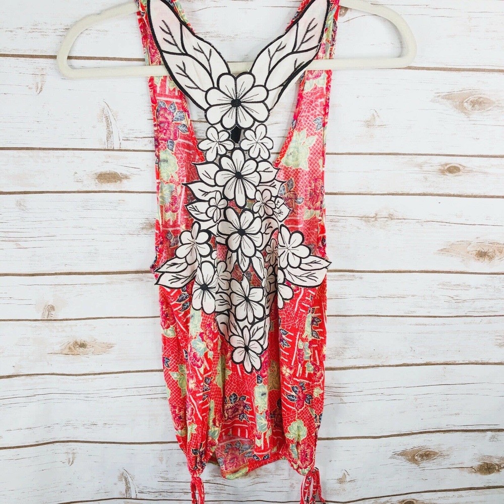 Free People Top Size S Floral Racerback Sleeveless Scoop Side Ties Coral Pink - Picture 5 of 8